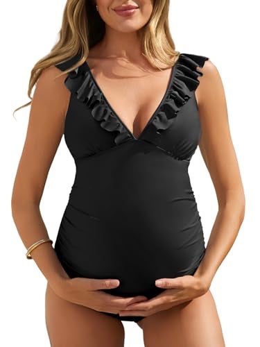 Summer Mae Maternity Swimsuit V-Neck One Piece Swimsuit Ruffled Lace Up Monokini Black M - Image 1