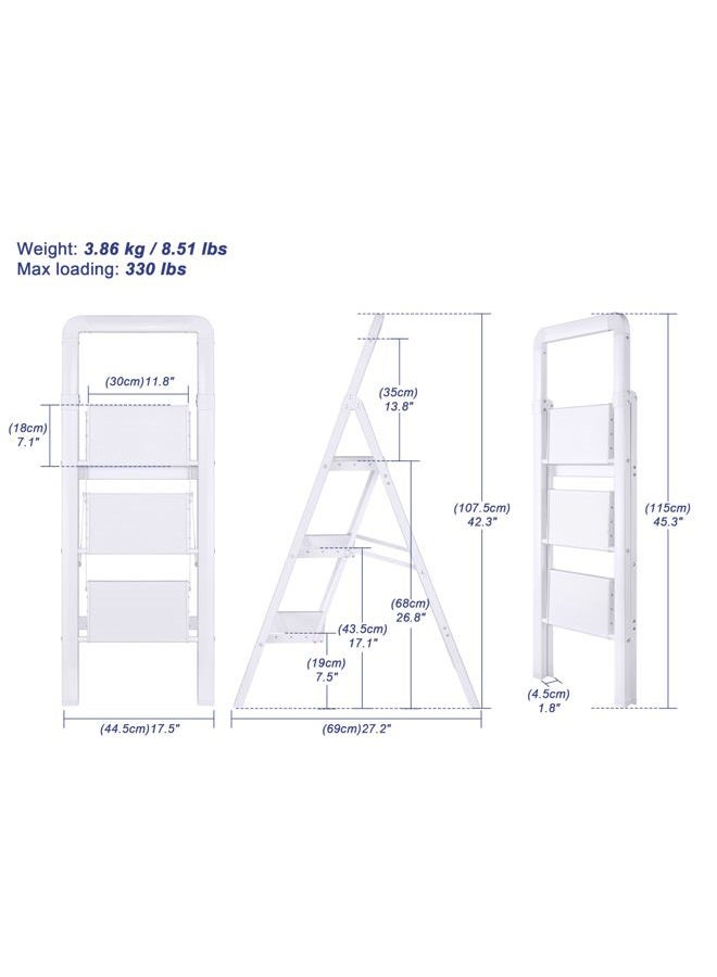 BIBKOKE Step Ladders Folding 3-Step White Finish Aluminum Foldable Step Stool,Anti-Slip Portable Sturdy for Home & Kitchen Office 330 lbs - Image 2