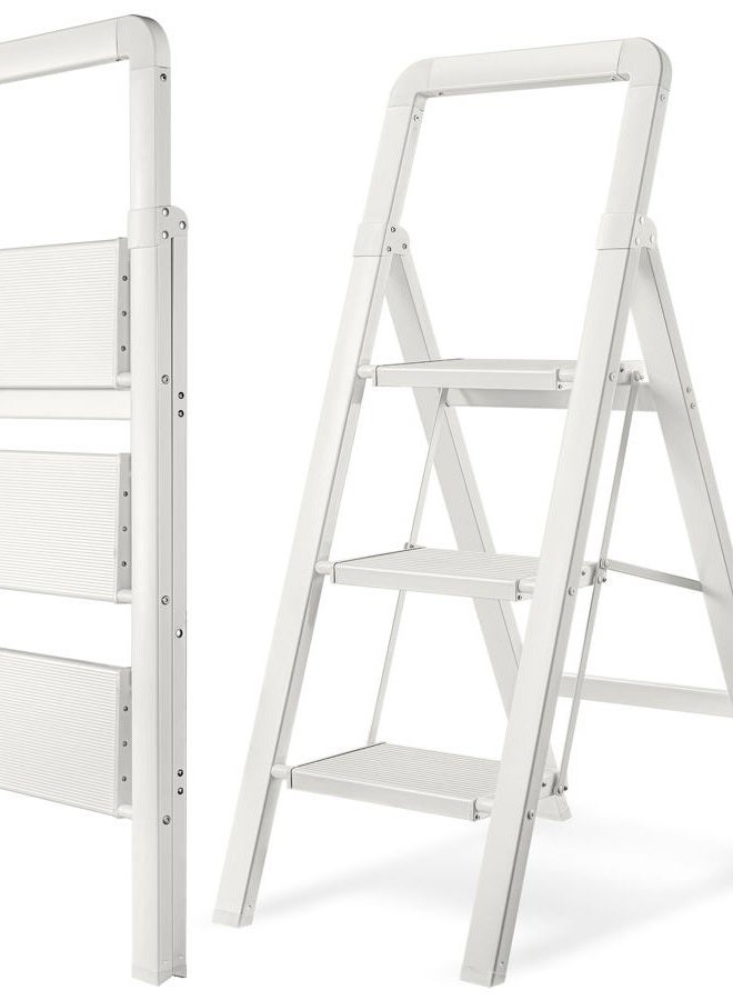BIBKOKE Step Ladders Folding 3-Step White Finish Aluminum Foldable Step Stool,Anti-Slip Portable Sturdy for Home & Kitchen Office 330 lbs - Image 1