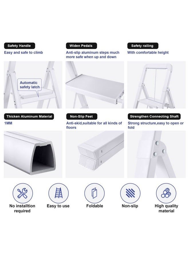 BIBKOKE Step Ladders Folding 3-Step White Finish Aluminum Foldable Step Stool,Anti-Slip Portable Sturdy for Home & Kitchen Office 330 lbs - Image 3