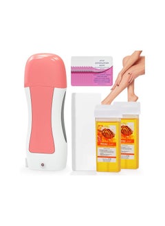Roll On Wax Kit for Hair Removal, Honey Wax Roller Waxing Kit for Sensitive Skin at Home, Depilatory Soft Wax Warmer with 2 Cartridge Refill 10 Wax-removing wipes and 100pcs Wax Strips（Pink）
