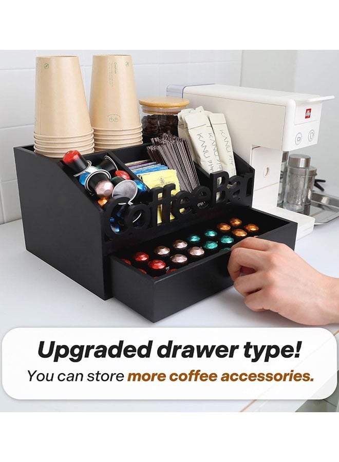 Coffee Station Organizer, Coffee Bar Organizer for Countertop, Wooden Coffee Station with Drawer, Tea and K Cup Storage Rack, Coffee Pod Holder for Home and Office Counter Organization, Black  - Image 2