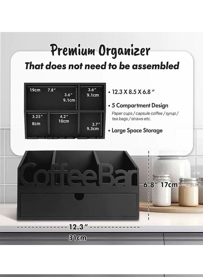 Coffee Station Organizer, Coffee Bar Organizer for Countertop, Wooden Coffee Station with Drawer, Tea and K Cup Storage Rack, Coffee Pod Holder for Home and Office Counter Organization, Black  - Image 4