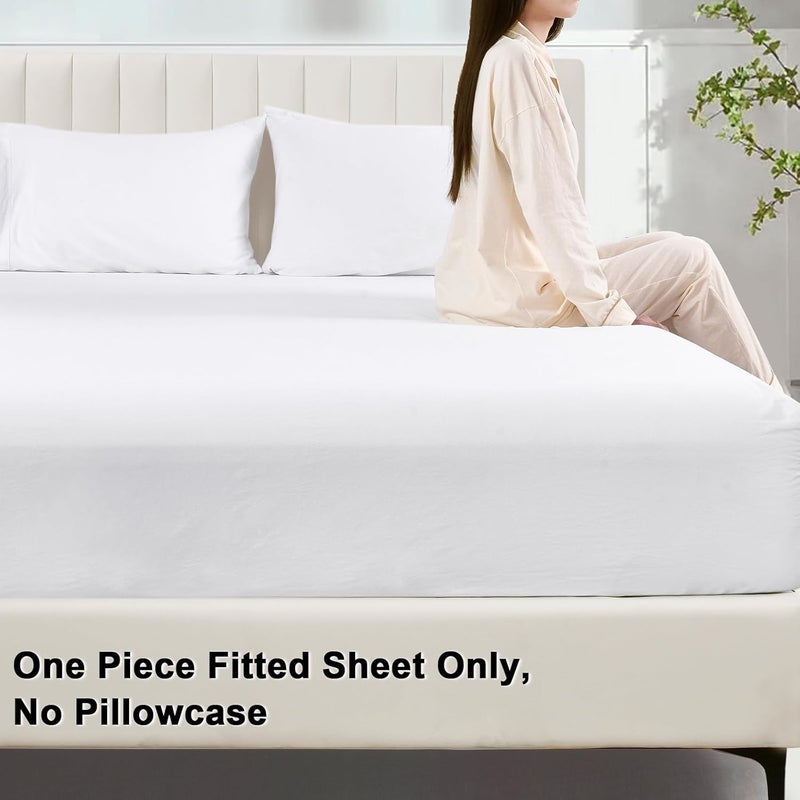 PHF 100% Garment Washed Cotton Fitted Sheet Full Size (137 x 190 Cm), Cozy Cloud Soft Bottom Sheet with Elastic 40cm Deep Pocket, Easy Fit and Breathable, without Pillowcase, White - Image 3