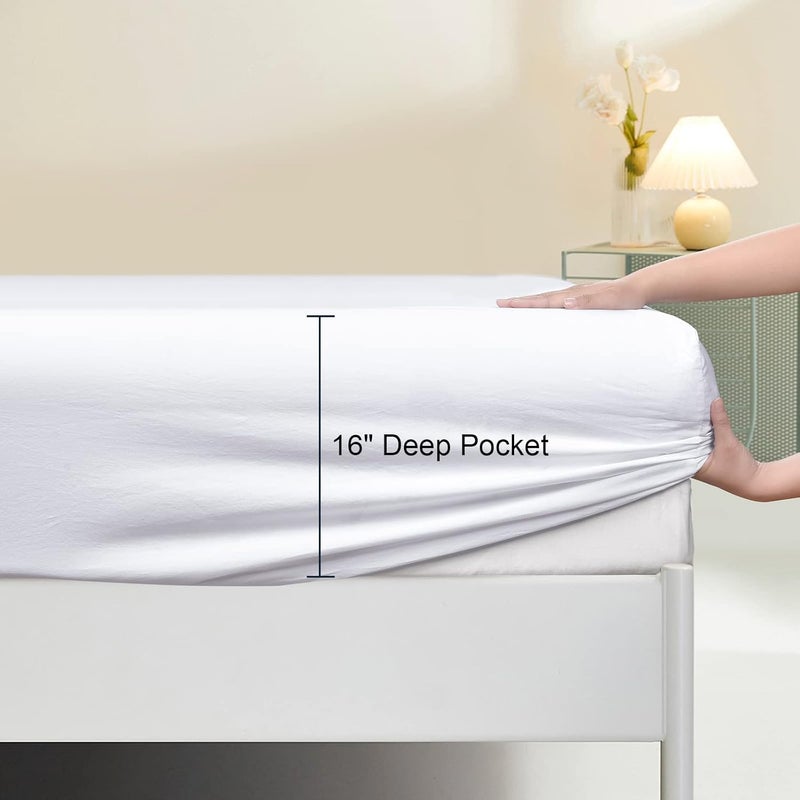 PHF 100% Garment Washed Cotton Fitted Sheet Full Size (137 x 190 Cm), Cozy Cloud Soft Bottom Sheet with Elastic 40cm Deep Pocket, Easy Fit and Breathable, without Pillowcase, White - Image 4