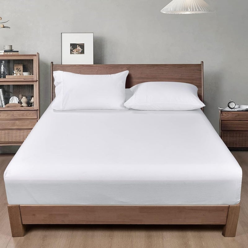 PHF 100% Garment Washed Cotton Fitted Sheet Full Size (137 x 190 Cm), Cozy Cloud Soft Bottom Sheet with Elastic 40cm Deep Pocket, Easy Fit and Breathable, without Pillowcase, White - Image 1