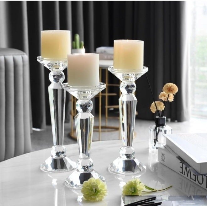 RAMADAN GIFT HAND-CUT CRYSTAL CANDLE STICK HOLDERS SET OF 3, CLEAR CRYSTAL TAPER/PILLAR CANDLES HOLDER TABLE CENTERPIECES FOR PARTY AND WEDDING DECORATION