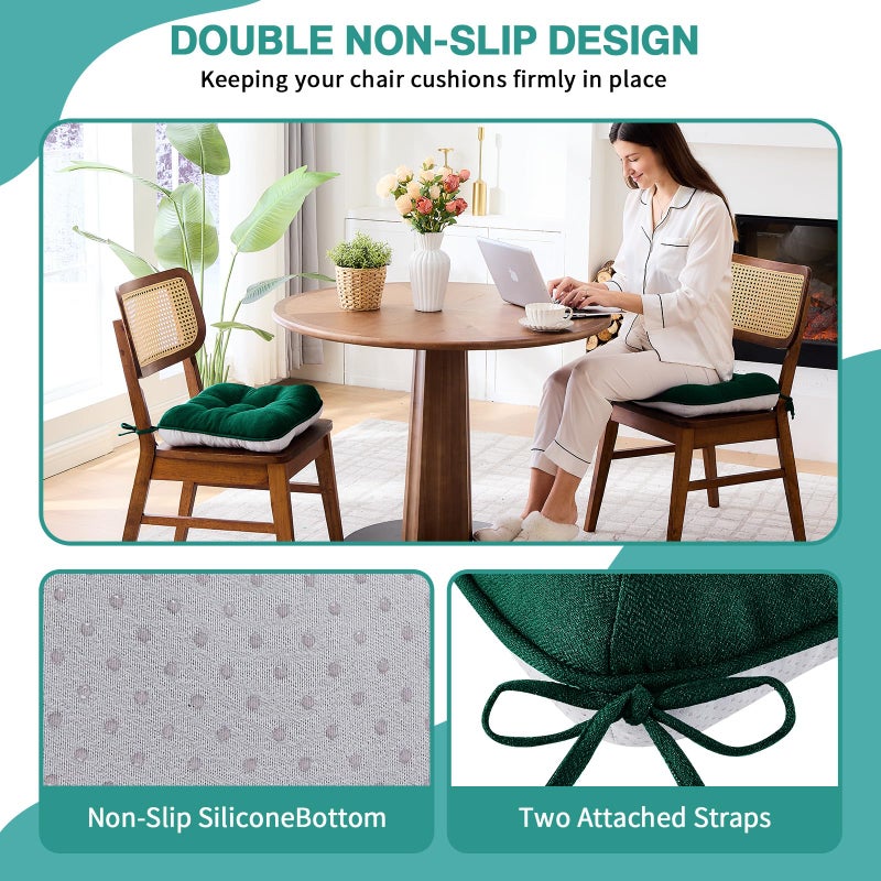 BETU Chair Cushions for Dining Chairs Set of 4,3.5" Thick Kitchen Table Chair Pads with Ties,Non Slip Backing and Covers, Seat Cushion for Dining Room,Bar,Patio Chairs,16"X16"X3.5",Dark Green - Image 2