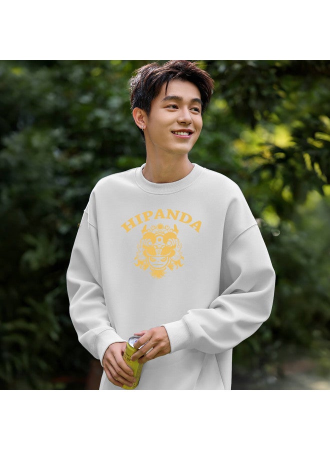 Hipanda Men's Sweatshirt, Autumn Chinese-style Awakening Lion Print Couple Style, Trendy Loose Fashionable Jacket, White XL - Image 2