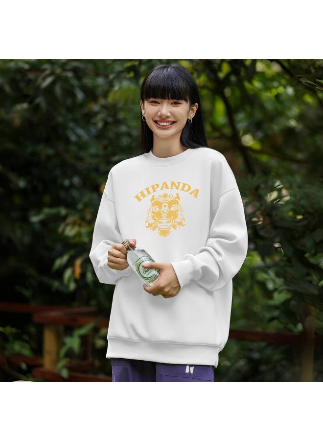 Hipanda Men's Sweatshirt, Autumn Chinese-style Awakening Lion Print Couple Style, Trendy Loose Fashionable Jacket, White XL - Image 4