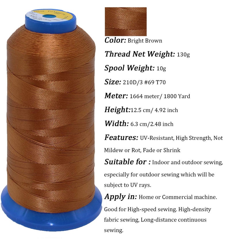 pestor Heavy Duty Thread 1800 Yards Size T70#69 210D/3 All Purpose High Strength Polyester Sewing Thread for Weaves, Upholstery, Jeans and Weaving Hair, Drapery, Beading, Purses, Leather (Bright Brown) - Image 2