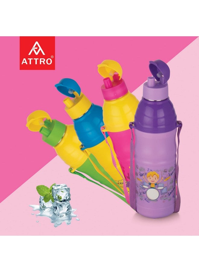 Attro Sky Kool-Sip 600 Inner Stainless Steel Insulated 490Ml Water Bottle For Kids, Air Tight & Leak-Proof Lid, Easy To Cary Nylon Belt, Bpa Free Plastic - Pink - Image 3