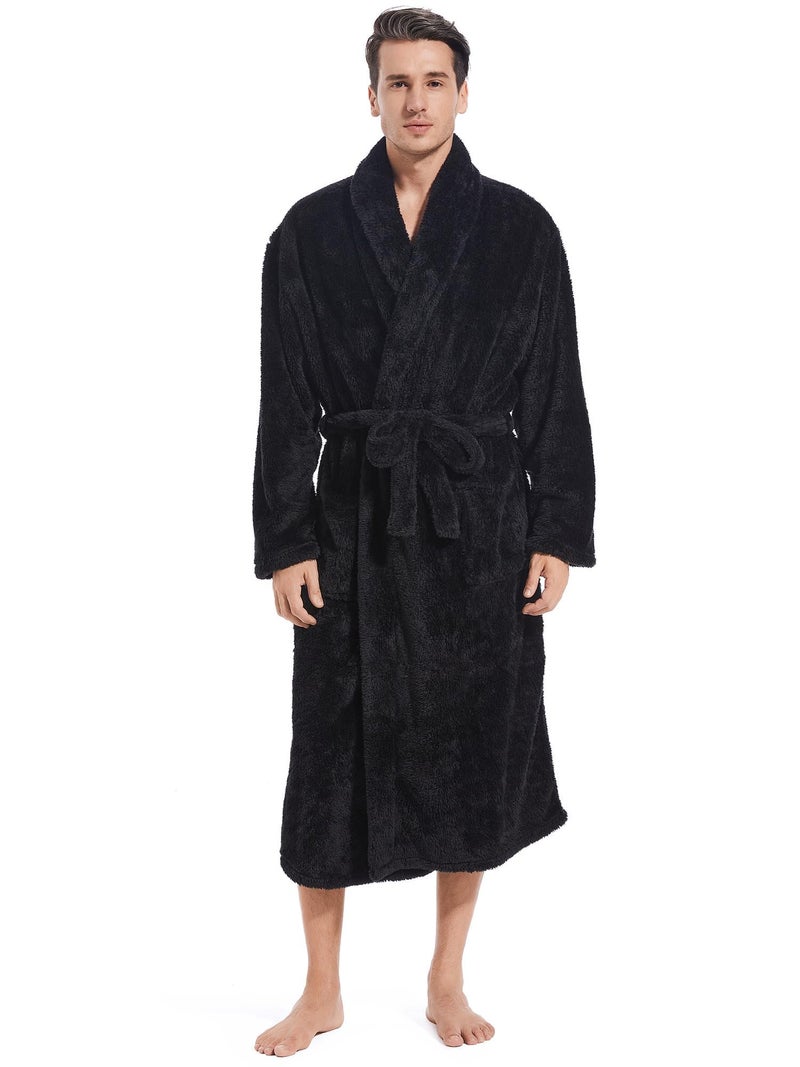 Inner Wish Mens Plush Fleece Robe Cozy Warm Bathrobe Fuzzy Male Spa Long Robe With PocketsBlack LXL