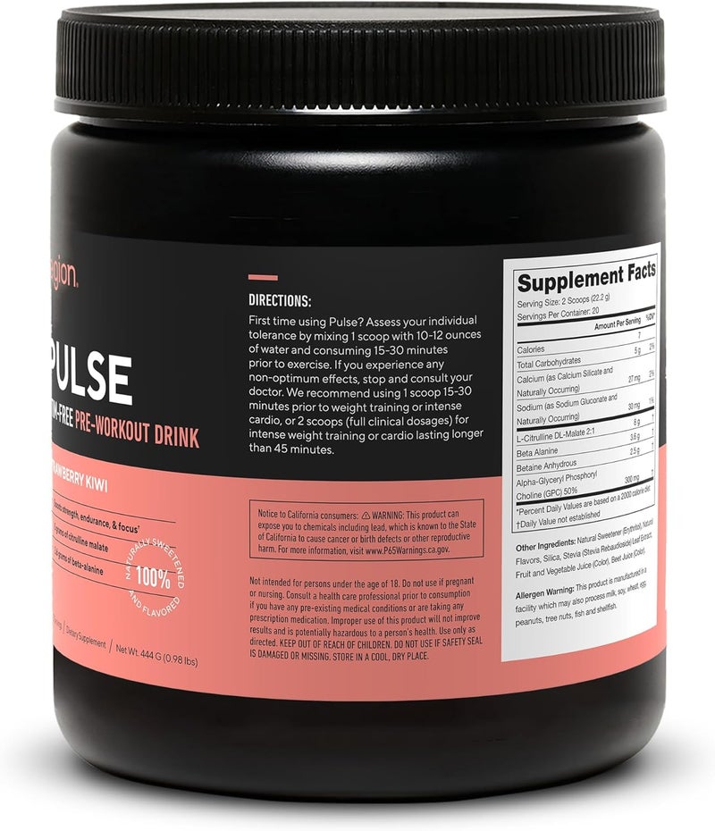 LEGION Pulse Pre Workout Supplement  All Natural Nitric Oxide Preworkout Drink Creatine Free Naturally Sweetened Beta Alanine Citrulline Alpha GPC  Caffeine Free Strawberry Kiwi Pre Workout Powder - Image 2
