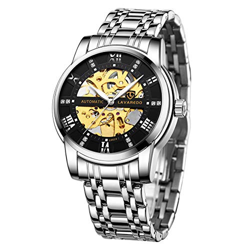 A ALPS Mens Watch Skeleton Luxury Mechanical Stainless Steel Waterproof Black Automatic Self-Winding Roman Numerals Diamond Dial Wrist Watch - Image 1
