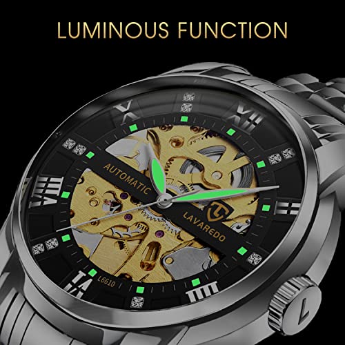 A ALPS Mens Watch Skeleton Luxury Mechanical Stainless Steel Waterproof Black Automatic Self-Winding Roman Numerals Diamond Dial Wrist Watch - Image 3