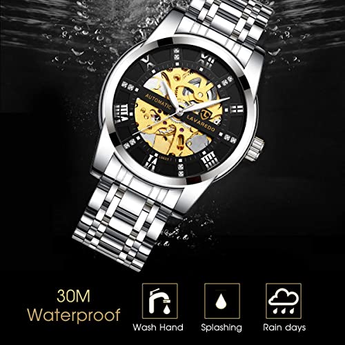 A ALPS Mens Watch Skeleton Luxury Mechanical Stainless Steel Waterproof Black Automatic Self-Winding Roman Numerals Diamond Dial Wrist Watch - Image 5