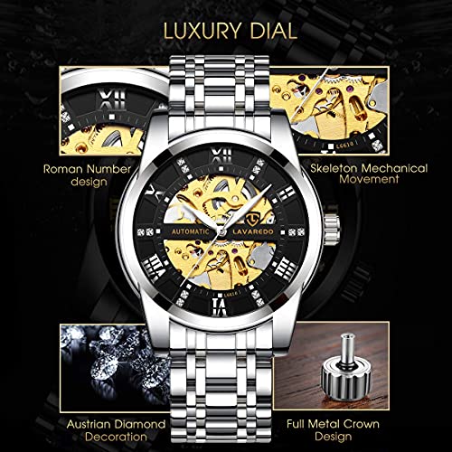 A ALPS Mens Watch Skeleton Luxury Mechanical Stainless Steel Waterproof Black Automatic Self-Winding Roman Numerals Diamond Dial Wrist Watch - Image 2