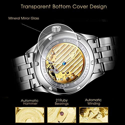 A ALPS Mens Watch Skeleton Luxury Mechanical Stainless Steel Waterproof Black Automatic Self-Winding Roman Numerals Diamond Dial Wrist Watch - Image 4