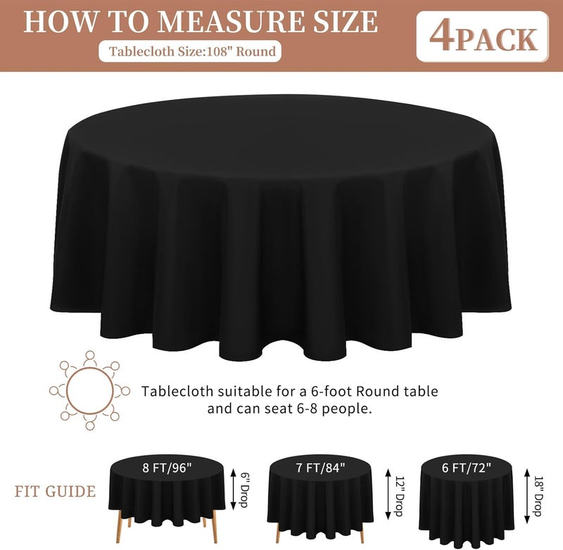 FXKS 4 Packs Black Round Table Cloth 108 Inch Circular Table Cloth, Stain and Resistant Washable Polyester Round Tablecloth Table Cover for Wedding Parties Banquet Reception Gift Table - Image 3