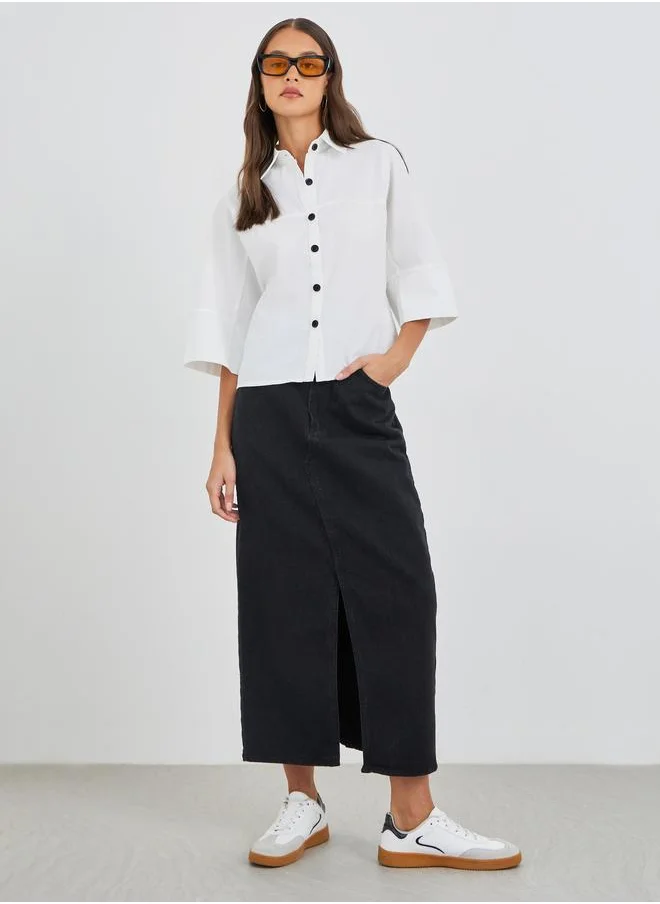 ستايلي Styli Boxy Fit Buttoned Spread Collar Crop Shirt