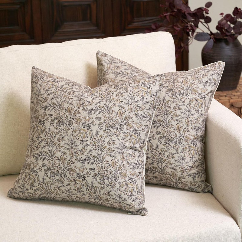 Amor Virisso Floral Throw Pillow Covers 24x24 Set of 2 Vintage Block Print Pillow Covers Decorative Pillow Covers Couch Pillows for Living Room Farmhouse Accent Sofa Pillows, Yellow/Sand - Image 1