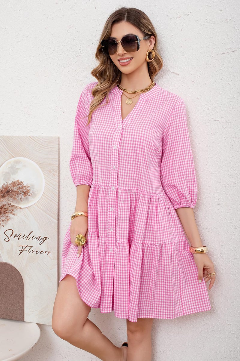utcoco Women's 2026 Spring Summer Plaid Shirt Dress 3/4 Puff Sleeve Button Down Loose Casual Midi Dress with Pockets (Large, Pink) - Image 3