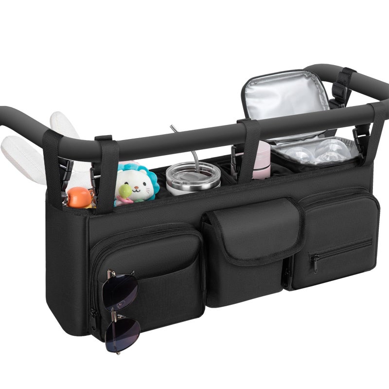 منظم عربة الأطفال المزدوج متوافق مع Bob Duallie وBaby Jogger City Mini GT2 ملحقات عربة الأطفال المزدوجة مع حقيبة تبريد وحدة تحكم الوالدين وعلبة عربة الركض المزدوجة مع حامل أكواب - Image 1