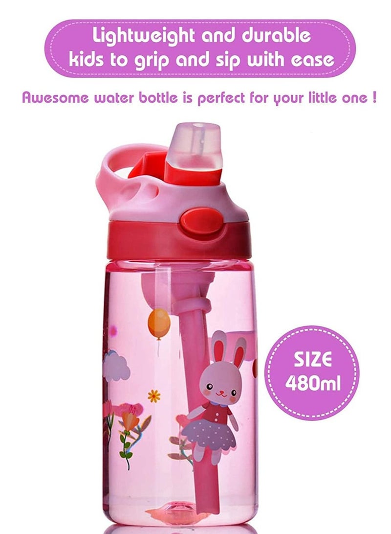 SYOSI Children's Water Bottle, Toddler Cup with Straw Leak-Proof Button to Open, and Durable Plastic Drinking Suitable for Boys Girls Rabbits Indoor Outdoor - Image 3