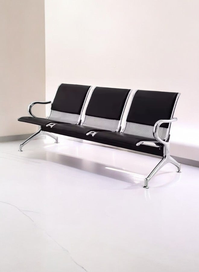 KARNAK 3-Seater Airport Chair for Waiting Rooms – Hospital & Clinic Seating with Metal Frame, Armrests, & Cushion – BLACK/SILVER  - Image 2