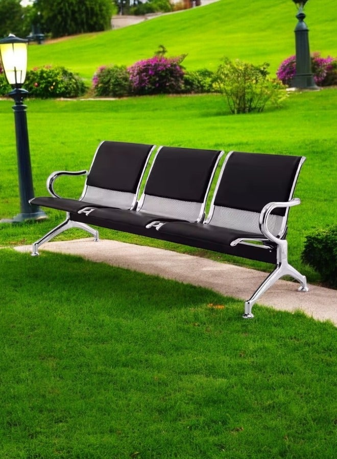 KARNAK 3-Seater Airport Chair for Waiting Rooms – Hospital & Clinic Seating with Metal Frame, Armrests, & Cushion – BLACK/SILVER  - Image 3