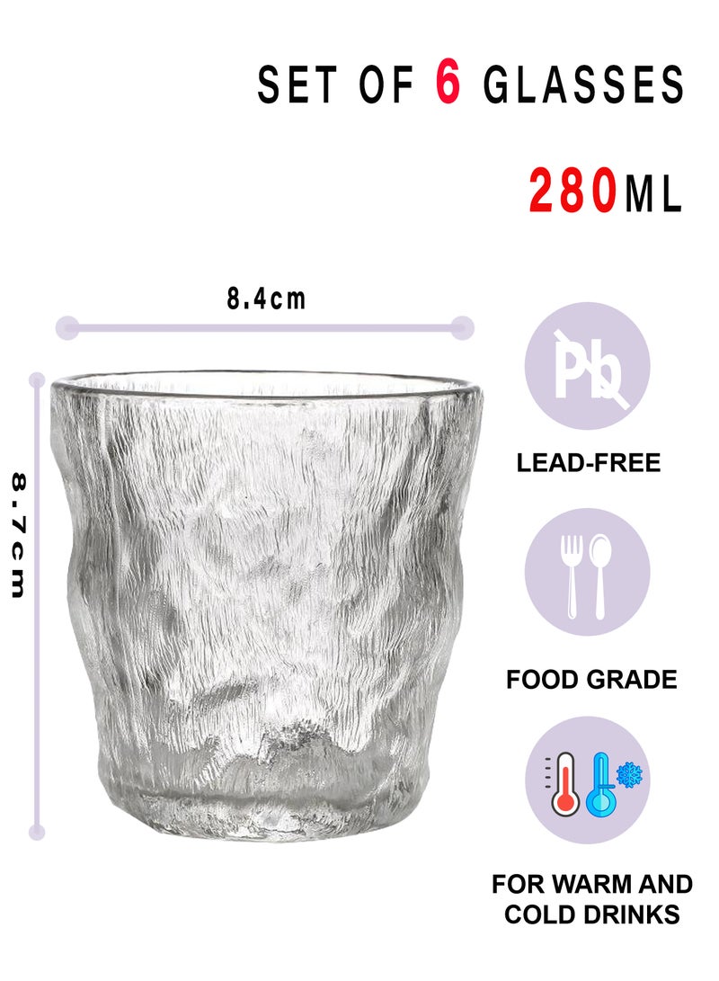 6-Piece Clear Textured Glass Drinking Cups – 280ML Each, Premium Decorative Glassware For Coffee，Water, Juice & Beverages - Image 2