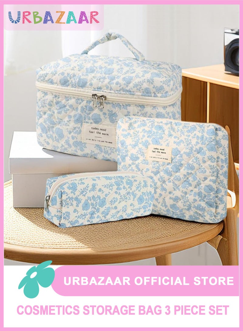 أوربازار مجموعة حقيبة مكياج مكونة من 3 قطع، حقيبة مكياج مبطنة من القطن، حقيبة مستحضرات تجميل كبيرة للسفر مزينة بالزهور، حقيبة أدوات تجميل للسفر مزينة بالزهور، حقيبة أدوات تجميل جميلة للنساء والفتيات - Image 1