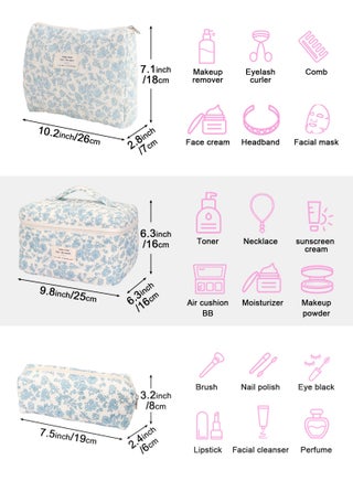 3PCS Makeup Bag Set,Cotton Quilted Makeup Bag,Floral Large Travel Cosmetic Bag,Flower Travel Toiletry Bag, Cute Aesthetic Toiletry Bag for Women Girls - view 2