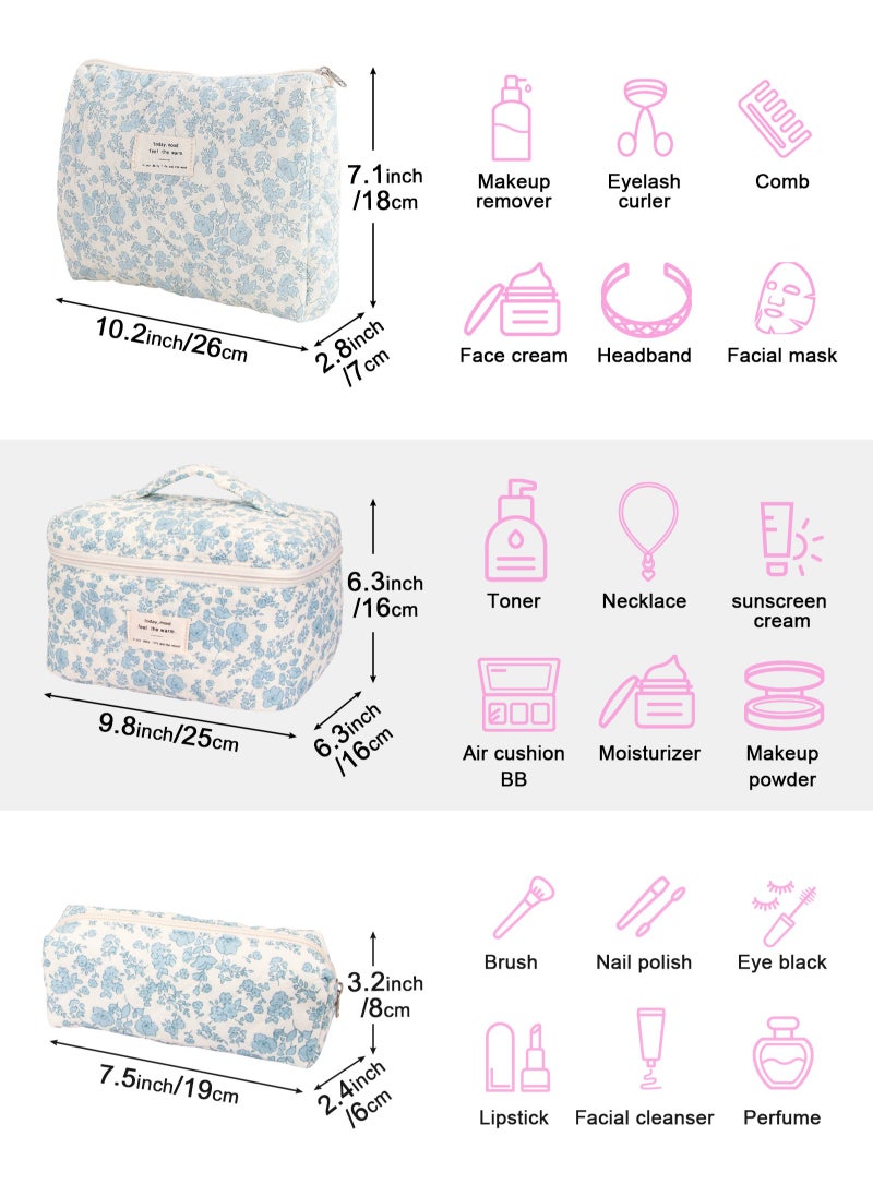 URbazaar 3PCS Makeup Bag Set,Cotton Quilted Makeup Bag,Floral Large Travel Cosmetic Bag,Flower Travel Toiletry Bag, Cute Aesthetic Toiletry Bag for Women Girls  - Image 2