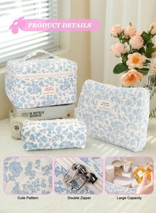 3PCS Makeup Bag Set,Cotton Quilted Makeup Bag,Floral Large Travel Cosmetic Bag,Flower Travel Toiletry Bag, Cute Aesthetic Toiletry Bag for Women Girls - view 3