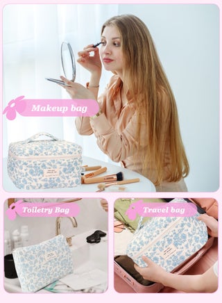 3PCS Makeup Bag Set,Cotton Quilted Makeup Bag,Floral Large Travel Cosmetic Bag,Flower Travel Toiletry Bag, Cute Aesthetic Toiletry Bag for Women Girls - view 4