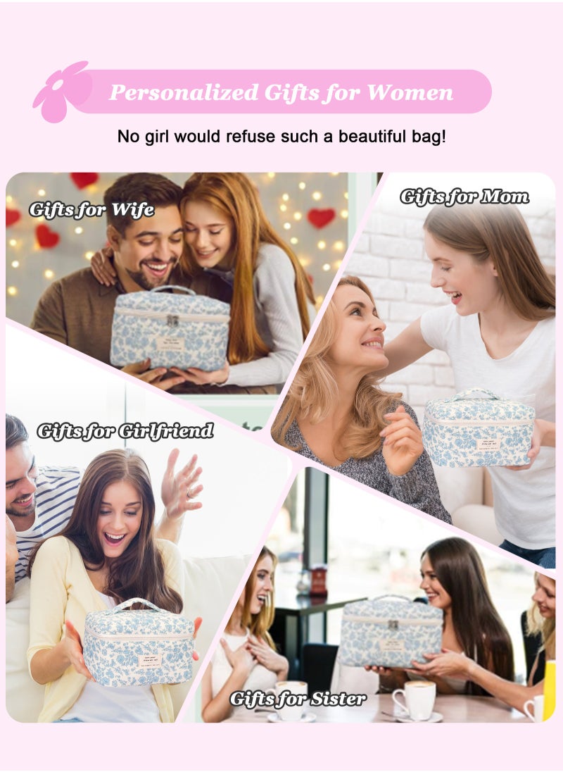 URbazaar 3PCS Makeup Bag Set,Cotton Quilted Makeup Bag,Floral Large Travel Cosmetic Bag,Flower Travel Toiletry Bag, Cute Aesthetic Toiletry Bag for Women Girls  - Image 5