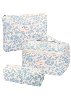 URbazaar 3PCS Makeup Bag Set,Cotton Quilted Makeup Bag,Floral Large Travel Cosmetic Bag,Flower Travel Toiletry Bag, Cute Aesthetic Toiletry Bag for Women Girls  - Image 1
