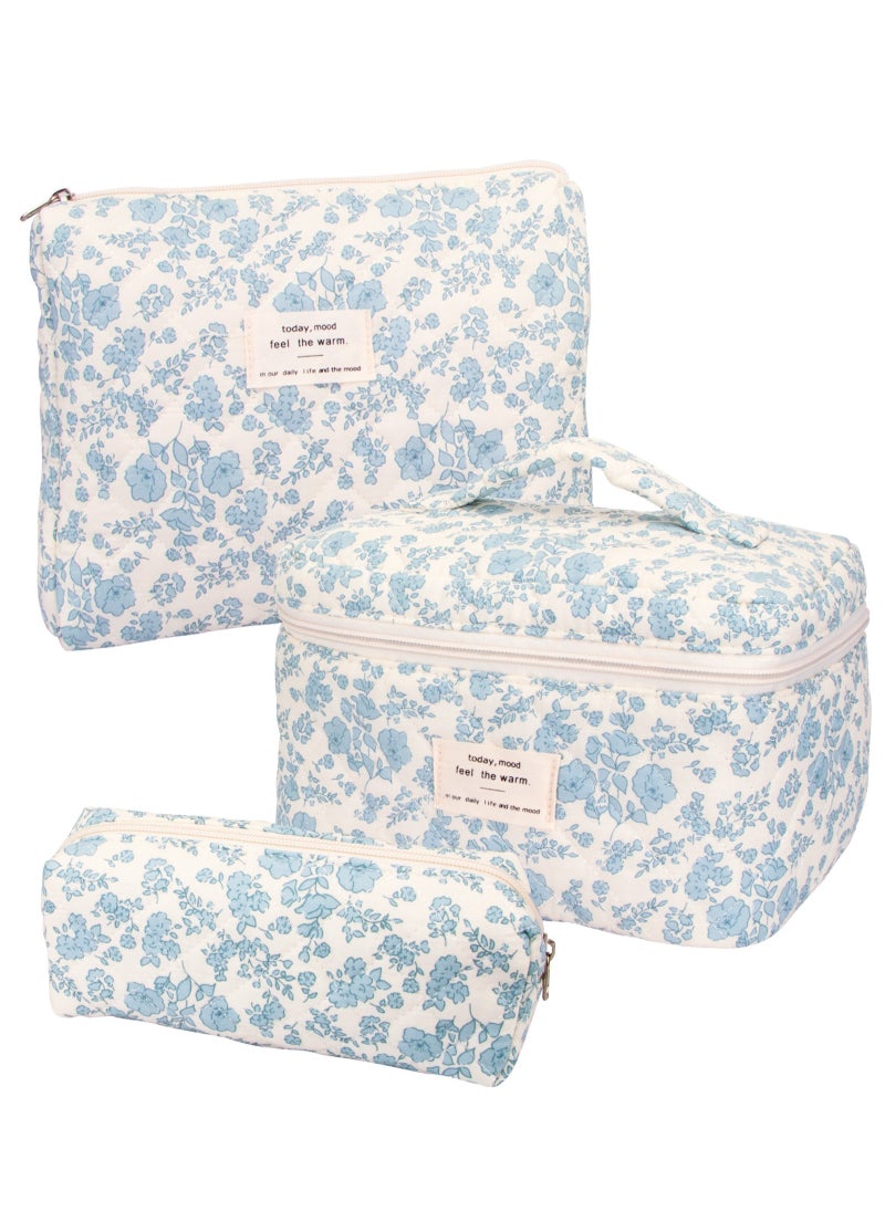 URbazaar 3PCS Makeup Bag Set,Cotton Quilted Makeup Bag,Floral Large Travel Cosmetic Bag,Flower Travel Toiletry Bag, Cute Aesthetic Toiletry Bag for Women Girls  - Image 1