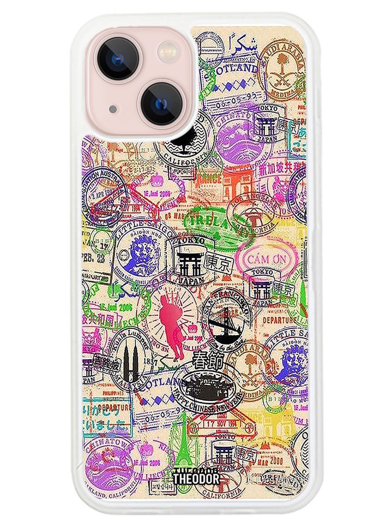 Theodor Protective Case Anti Scratch Shock Proof Cover For APPLE IPHONE 14 Passport Stamp (White Bumper) - Image 1