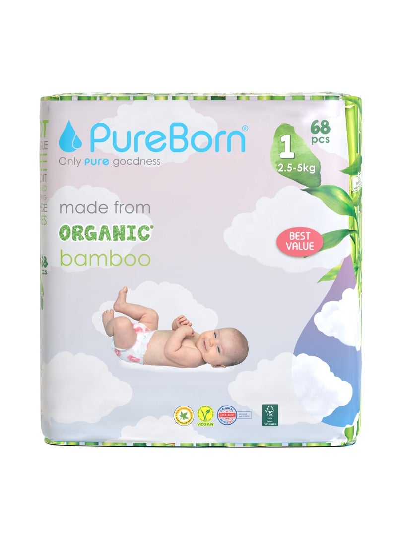 PureBorn Organic Baby Tape Style Diapers Size-1 Upto 5 kg Cloud Print 68 Diapers - Image 1