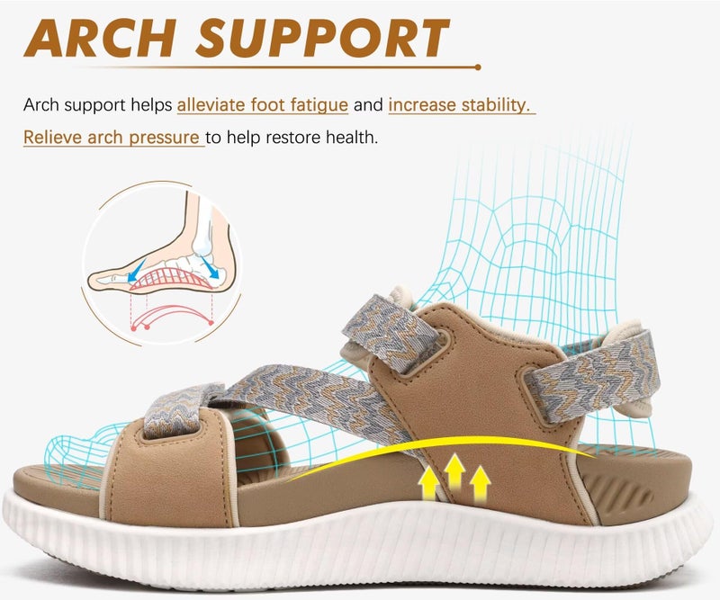 KuaiLu Walking Orthopedic Sandals Womens Comfortable Arch Support Hiking Sandles Plantar Fasciitis Athletic Sport Recovery Cushion Summer Travel Outdoor Open Toe Water Shoes Beige Size 9 - Image 3