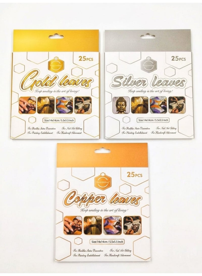 Imitation Gold, Silver, and Copper Leaf Sheets Combo Pack for Painting and Gilding - 3 Packs, 25 Sheets Each