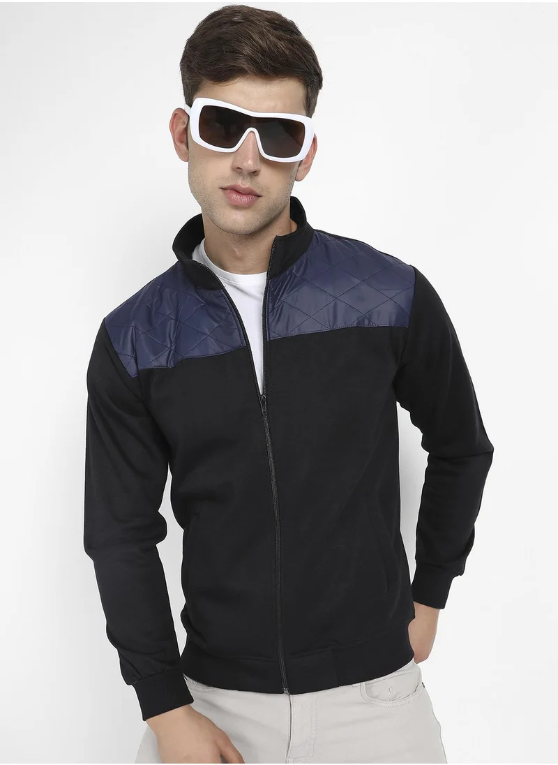 Campus Sutra Men's Black & Blue Zip-Front Jacket With Quilted Detail