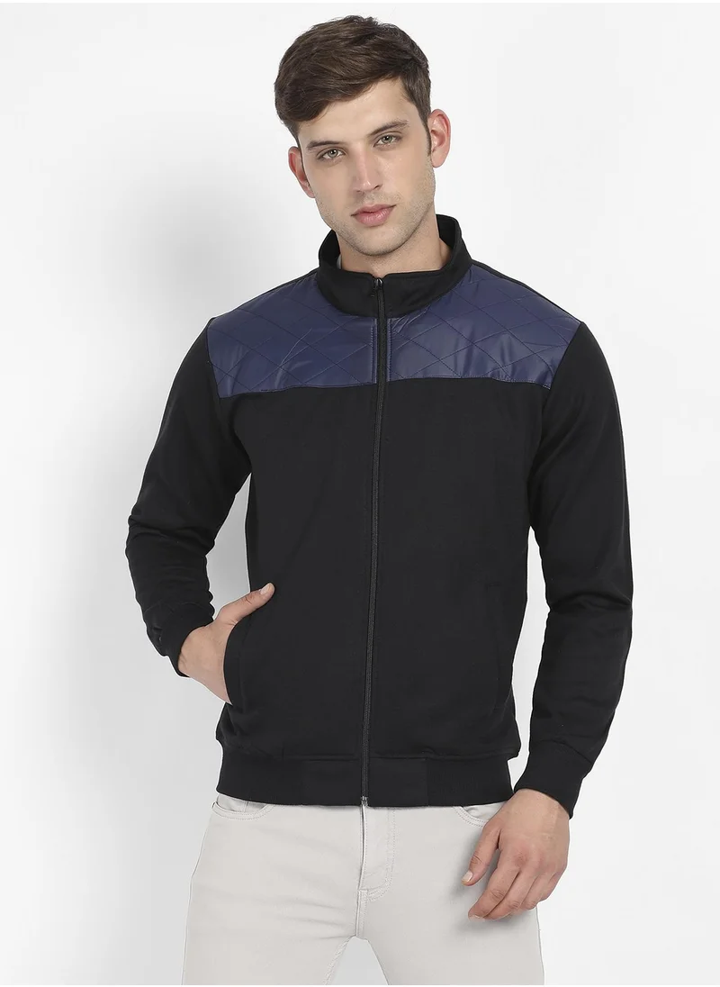 Campus Sutra Men's Black & Blue Zip-Front Jacket With Quilted Detail