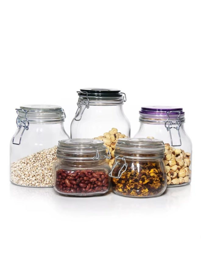 طقم برطمانات زجاج بحامل سلكي محكم – 5 قطع لحفظ التوابل والبقوليات والمكسرات بسعات مختلفة 1000 مل - 750 مل - 500 مل - Image 1
