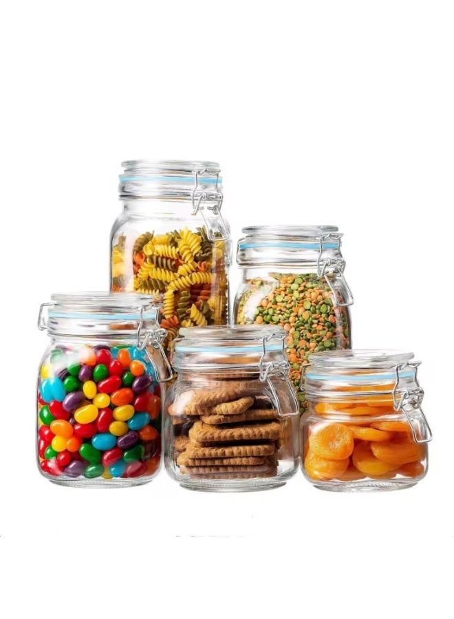 طقم برطمانات زجاج بحامل سلكي محكم – 5 قطع لحفظ التوابل والبقوليات والمكسرات بسعات مختلفة 1000 مل - 750 مل - 500 مل - Image 2