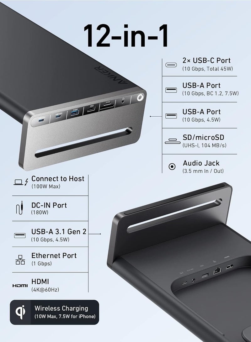 محطة إرساء USB-C 675 (12 في 1، حامل شاشة) مع منافذ USB-C بسرعة 10 جيجابت في الثانية، وشاشة HDMI بدقة 4K بمعدل تحديث 60 هرتز، للوحة الشحن اللاسلكية، وLenovo ThinkPad، وMacBook Pro M1 / M2 والمزيد من أجهزة USB-C - Image 2