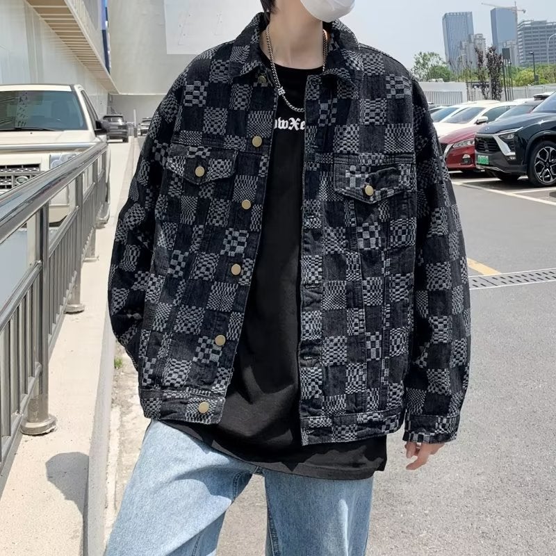 High-End Sense Personalized Jacquard Denim Jacket Men'S Couple Men'S And Women'S Loose Chessboard Plaid Casual Jacket Trendy - Image 2
